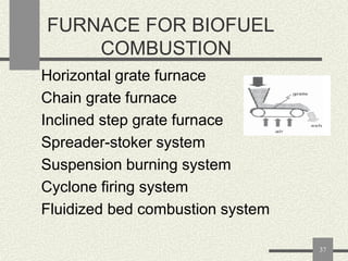 FURNACE FOR BIOFUEL
COMBUSTION
Horizontal grate furnace
Chain grate furnace
Inclined step grate furnace
Spreader-stoker system
Suspension burning system
Cyclone firing system
Fluidized bed combustion system
37

 