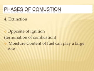 PHASES OF COMUSTION
4. Extinction
 Opposite of ignition
(termination of combustion)
 Moisture Content of fuel can play a large
role
 