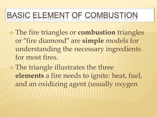 BASIC ELEMENT OF COMBUSTION
 The fire triangles or combustion triangles
or ″fire diamond″ are simple models for
understanding the necessary ingredients
for most fires.
 The triangle illustrates the three
elements a fire needs to ignite: heat, fuel,
and an oxidizing agent (usually oxygen
 