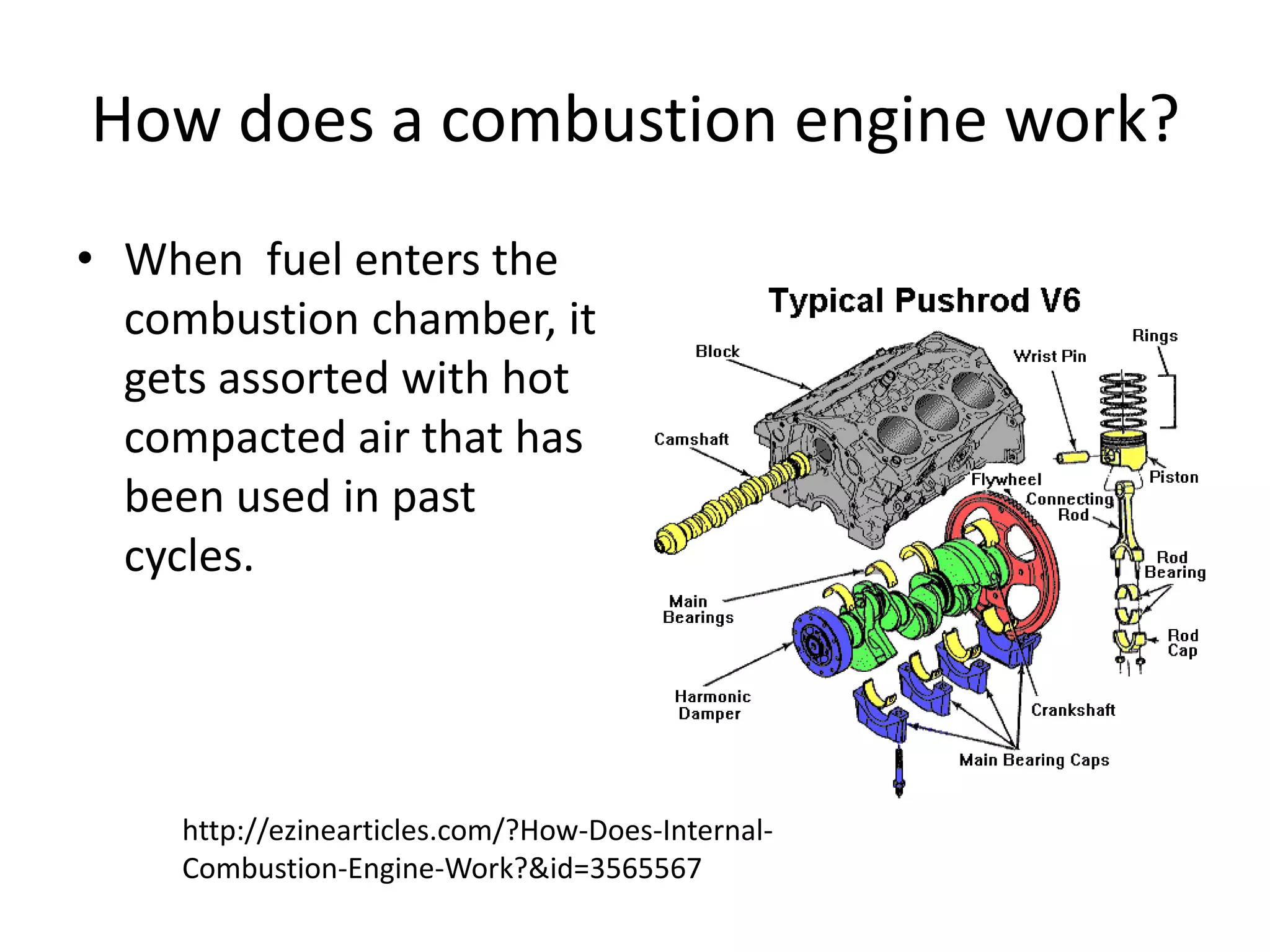 How does a combustion engine work?When  fuel enters the combustion chamber, it gets assorted with hot compacted air that has been used in past cycles. http://ezinearticles.com/?How-Does-Internal-Combustion-Engine-Work?&id=3565567