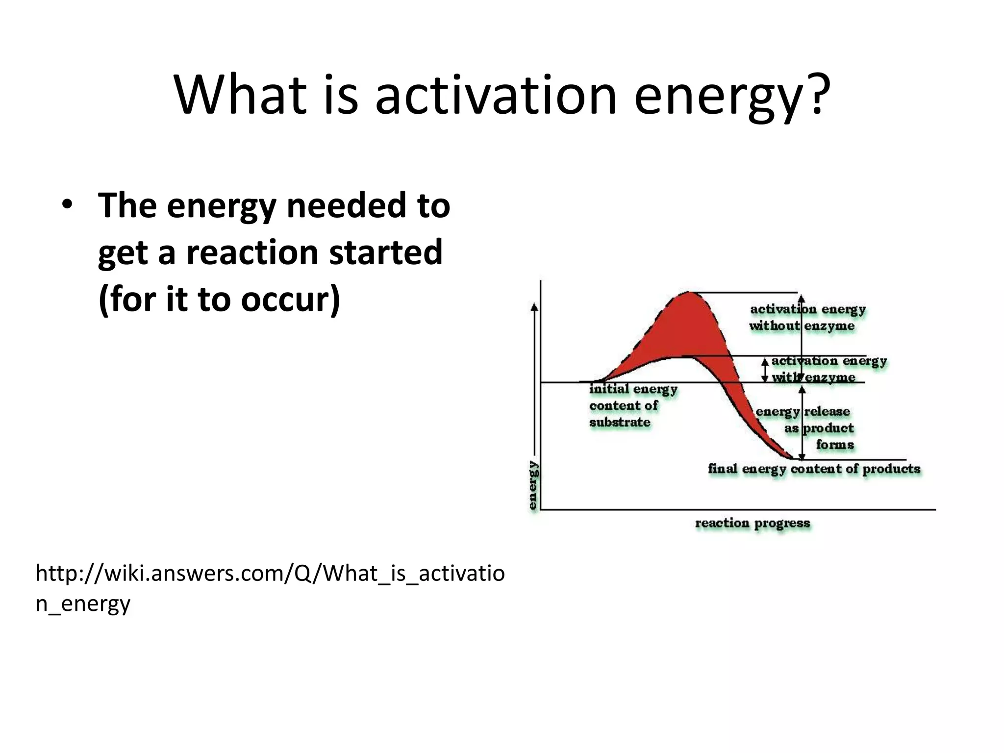 What is activation energy?The energy needed to get a reaction started (for it to occur) http://wiki.answers.com/Q/What_is_activation_energy