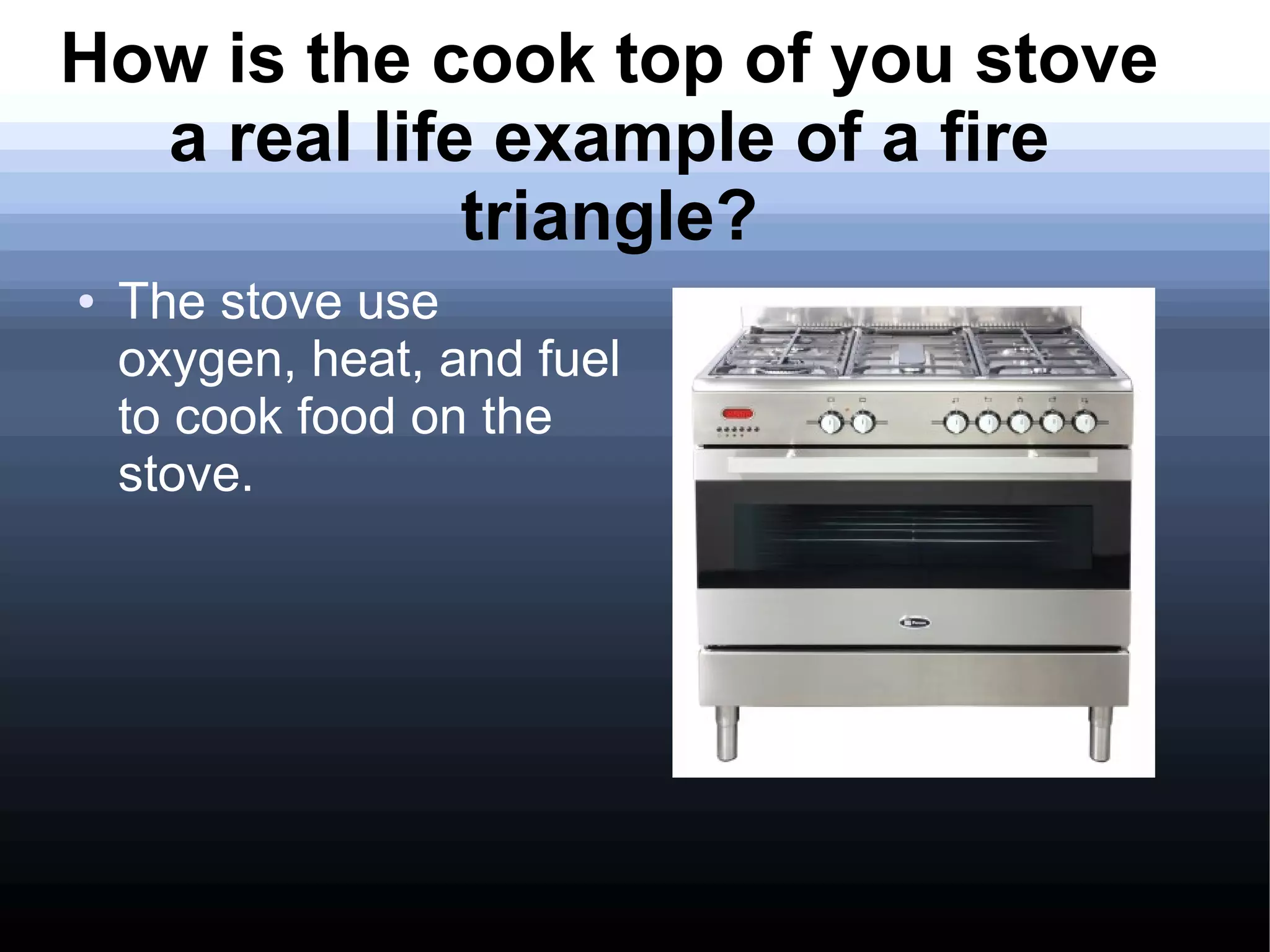 How is the cook top of you stove
  a real life example of a fire
             triangle?
●   The stove use
    oxygen, heat, and fuel
    to cook food on the
    stove.
 