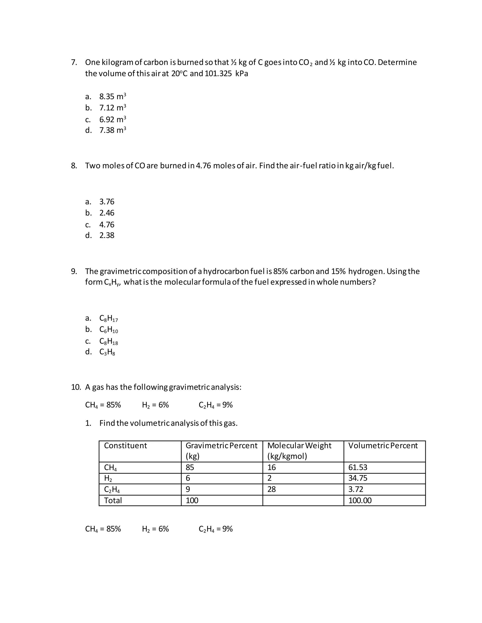 7. One kilogramof carbon isburnedsothat ½ kg of C goesintoCO2 and½ kg intoCO.Determine
the volume of thisairat 20o
C and101.325 kPa
a. 8.35 m3
b. 7.12 m3
c. 6.92 m3
d. 7.38 m3
8. Two molesof COare burnedin4.76 molesof air. Findthe air-fuel ratioinkgair/kgfuel.
a. 3.76
b. 2.46
c. 4.76
d. 2.38
9. The gravimetriccompositionof ahydrocarbonfuel is85% carbonand 15% hydrogen.Usingthe
formCxHy, whatisthe molecularformulaof the fuel expressedinwhole numbers?
a. C8H17
b. C6H10
c. C8H18
d. C3H8
10. A gas has the followinggravimetricanalysis:
CH4 = 85% H2 = 6% C2H4 = 9%
1. Findthe volumetricanalysisof thisgas.
Constituent GravimetricPercent
(kg)
MolecularWeight
(kg/kgmol)
VolumetricPercent
CH4 85 16 61.53
H2 6 2 34.75
C2H4 9 28 3.72
Total 100 100.00
CH4 = 85% H2 = 6% C2H4 = 9%
 