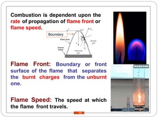 Combustion is dependent upon the
rate of propagation of flame front or
flame speed.
Flame Front: Boundary or front
surface of the flame that separates
the burnt charges from the unburnt
one.
Flame Speed: The speed at which
the flame front travels.
10
Boundary
 