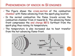 PHENOMENON OF KNOCK IN SI ENGINES
 The Figure shows the cross-section of the combustion
chamber with flame advancing from the spark plug location
 In the normal combustion the flame travels across the
combustion chamber from A towards D. The advancing flame
front compresses the end charge BB'D farthest from the
spark plug thus raising its temperature.
 The temperature is also increased due to heat transfer
from the hot advancing flame-front.
 