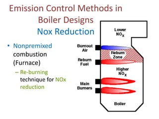 Emission Control Methods in
Boiler Designs
Nox Reduction
• Nonpremixed
combustion
(Furnace)
– Re-burning
technique for NOx
reduction

 
