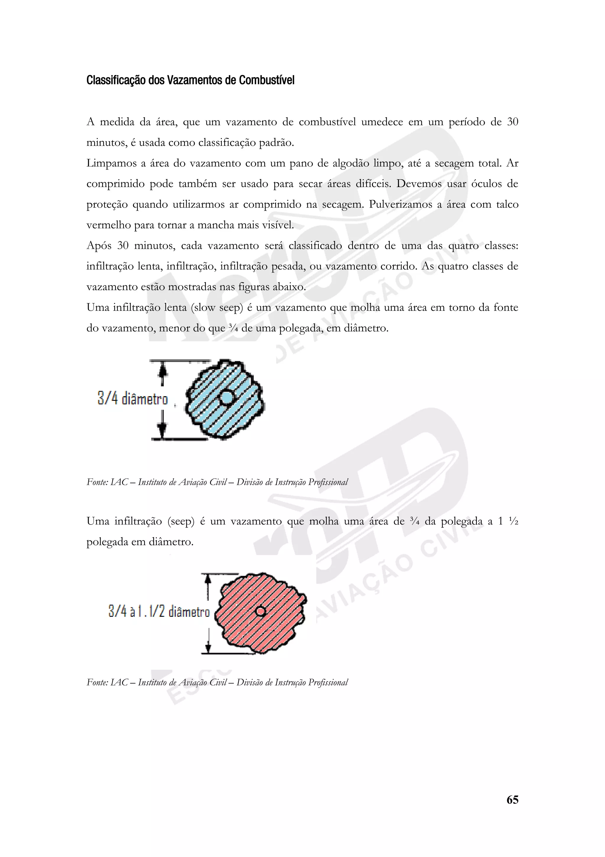 65
Classificação dos Vazamentos de Combustível
A medida da área, que um vazamento de combustível umedece em um período de 30
minutos, é usada como classificação padrão.
Limpamos a área do vazamento com um pano de algodão limpo, até a secagem total. Ar
comprimido pode também ser usado para secar áreas difíceis. Devemos usar óculos de
proteção quando utilizarmos ar comprimido na secagem. Pulverizamos a área com talco
vermelho para tornar a mancha mais visível.
Após 30 minutos, cada vazamento será classificado dentro de uma das quatro classes:
infiltração lenta, infiltração, infiltração pesada, ou vazamento corrido. As quatro classes de
vazamento estão mostradas nas figuras abaixo.
Uma infiltração lenta (slow seep) é um vazamento que molha uma área em torno da fonte
do vazamento, menor do que ¾ de uma polegada, em diâmetro.
Fonte: IAC – Instituto de Aviação Civil – Divisão de Instrução Profissional
Uma infiltração (seep) é um vazamento que molha uma área de ¾ da polegada a 1 ½
polegada em diâmetro.
Fonte: IAC – Instituto de Aviação Civil – Divisão de Instrução Profissional
 