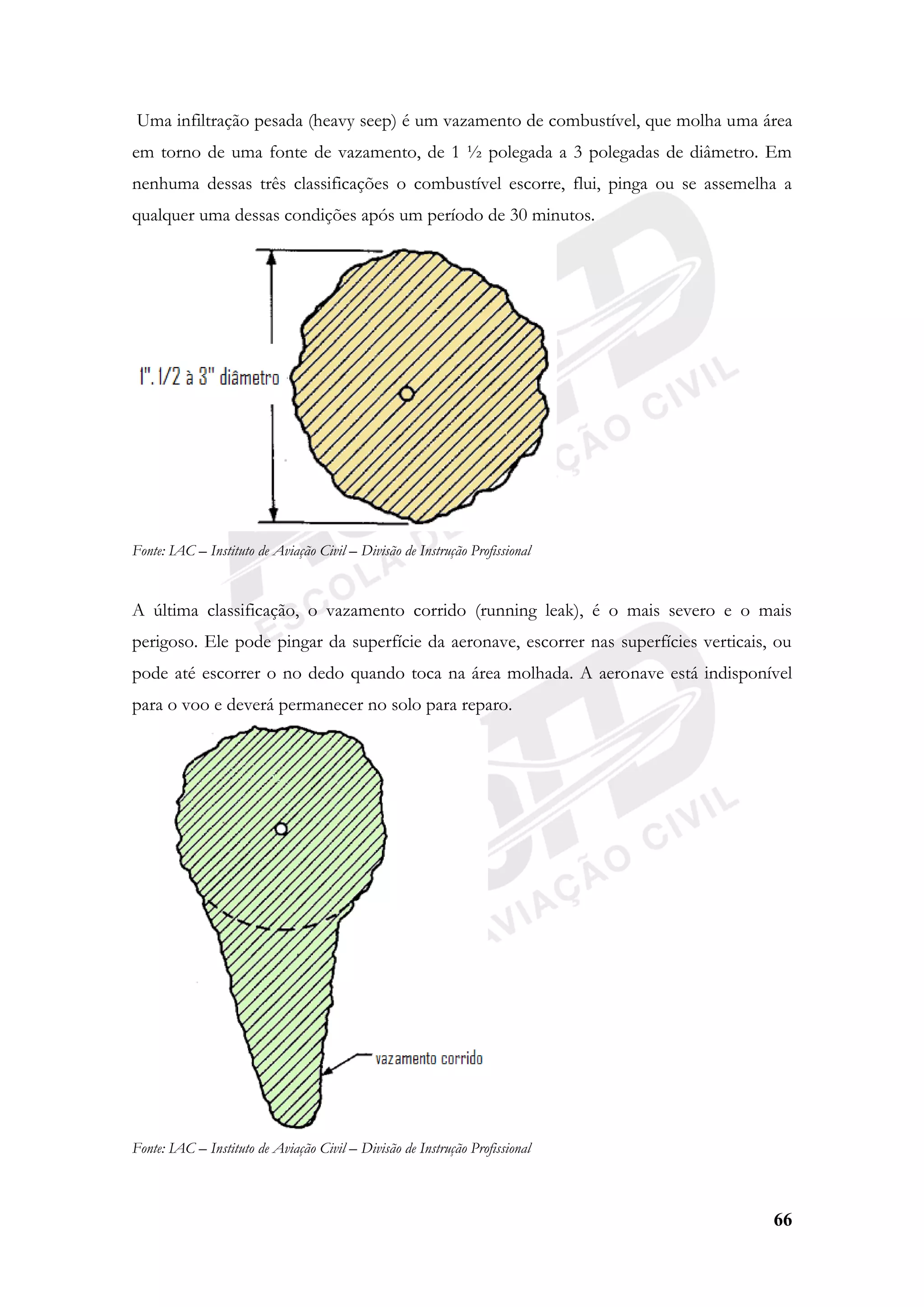 66
Uma infiltração pesada (heavy seep) é um vazamento de combustível, que molha uma área
em torno de uma fonte de vazamento, de 1 ½ polegada a 3 polegadas de diâmetro. Em
nenhuma dessas três classificações o combustível escorre, flui, pinga ou se assemelha a
qualquer uma dessas condições após um período de 30 minutos.
Fonte: IAC – Instituto de Aviação Civil – Divisão de Instrução Profissional
A última classificação, o vazamento corrido (running leak), é o mais severo e o mais
perigoso. Ele pode pingar da superfície da aeronave, escorrer nas superfícies verticais, ou
pode até escorrer o no dedo quando toca na área molhada. A aeronave está indisponível
para o voo e deverá permanecer no solo para reparo.
Fonte: IAC – Instituto de Aviação Civil – Divisão de Instrução Profissional
 