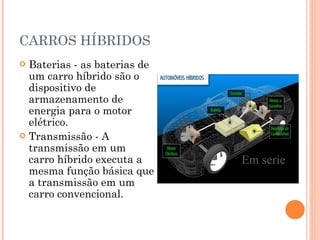 CARROS HÍBRIDOS Baterias - as baterias de um carro híbrido são o dispositivo de armazenamento de energia para o motor elétrico. Transmissão - A transmissão em um carro híbrido executa a mesma função básica que a transmissão em um carro convencional.  Em serie 