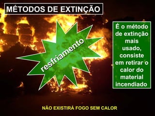MÉTODOS DE EXTINÇÃO
resfriam
ento
resfriam
ento
É o método
de extinção
mais
usado,
consiste
em retirar o
calor do
material
incendiado
NÃO EXISTIRÁ FOGO SEM CALORNÃO EXISTIRÁ FOGO SEM CALOR
 