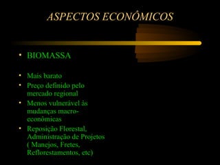 ASPECTOS ECONÔMICOS


• BIOMASSA

• Mais barato
• Preço definido pelo
  mercado regional
• Menos vulnerável às
  mudanças macro-
  econômicas
• Reposição Florestal,
  Administração de Projetos
  ( Manejos, Fretes,
  Reflorestamentos, etc)
 