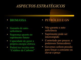 ASPECTOS ESTRATÉGICOS


• BIOMASSA                   • PETRÓLEO E GN

• Garantia de auto-          • Não garante a auto
  suficiência                  suficiência
• Segurança quanto ao        • Suprimento pode ser
  suprimento futuro            interrompido
• Capacidade de gerar a      • Controlado por poucos e
  própria energia elétrica     poderosos fornecedores
• Poderá ter receita com     • Governos sofrem pressão
  “Créditos de Carbono”        para forçar o consumo ou
                               elevar o preço
 