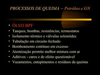 PROCESSOS DE QUEIMA – Petróleo e GN


• ÓLEO BPF
•    Tanques, bombas, resistências, termostatos
•    Isolamento térmico e válvulas solenóides
•    Tubulação em circuito fechado
•    Bombeamento contínuo em excesso
•    Atomização permite melhor mistura com ar
•    Aditivos - caros e de efeito questionável
•    Vazamentos, entupimentos e resíduos da queima
 