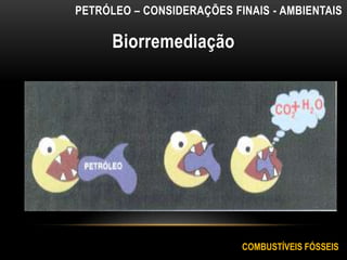Biorremediação
PETRÓLEO – CONSIDERAÇÕES FINAIS - AMBIENTAIS
COMBUSTÍVEIS FÓSSEIS
 