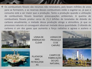  Os combustíveis fósseis são recursos não renováveis, pois levam milhões de anos
para se formarem, e as reservas desses combustíveis estão a esgotar-se, já que o
consumo está a ser maior que a produção. Tanto a produção quando a utilização
de combustíveis fósseis levantam preocupações ambientais. A queima de
combustíveis fósseis produz cerca de 21,3 bilhões de toneladas de dióxido de
carbono anualmente, e metade dessa produção atinge a atmosfera, já que os
processos naturais só conseguem absorver metade dessa quantidade. O dióxido de
carbono é um dos gases que aumenta a força radiativa e agrava e acelera o
aquecimento global.
USINA DE
ENERGIA NO
CLEAR
PLATAFOR
MAS
PETROLÍFER
AS
USINAS DE
PRODUÇA
O DE
CARVÃO
CAMPO DE
FABRICAÇÃO
DE GÁS
NATURAL
 