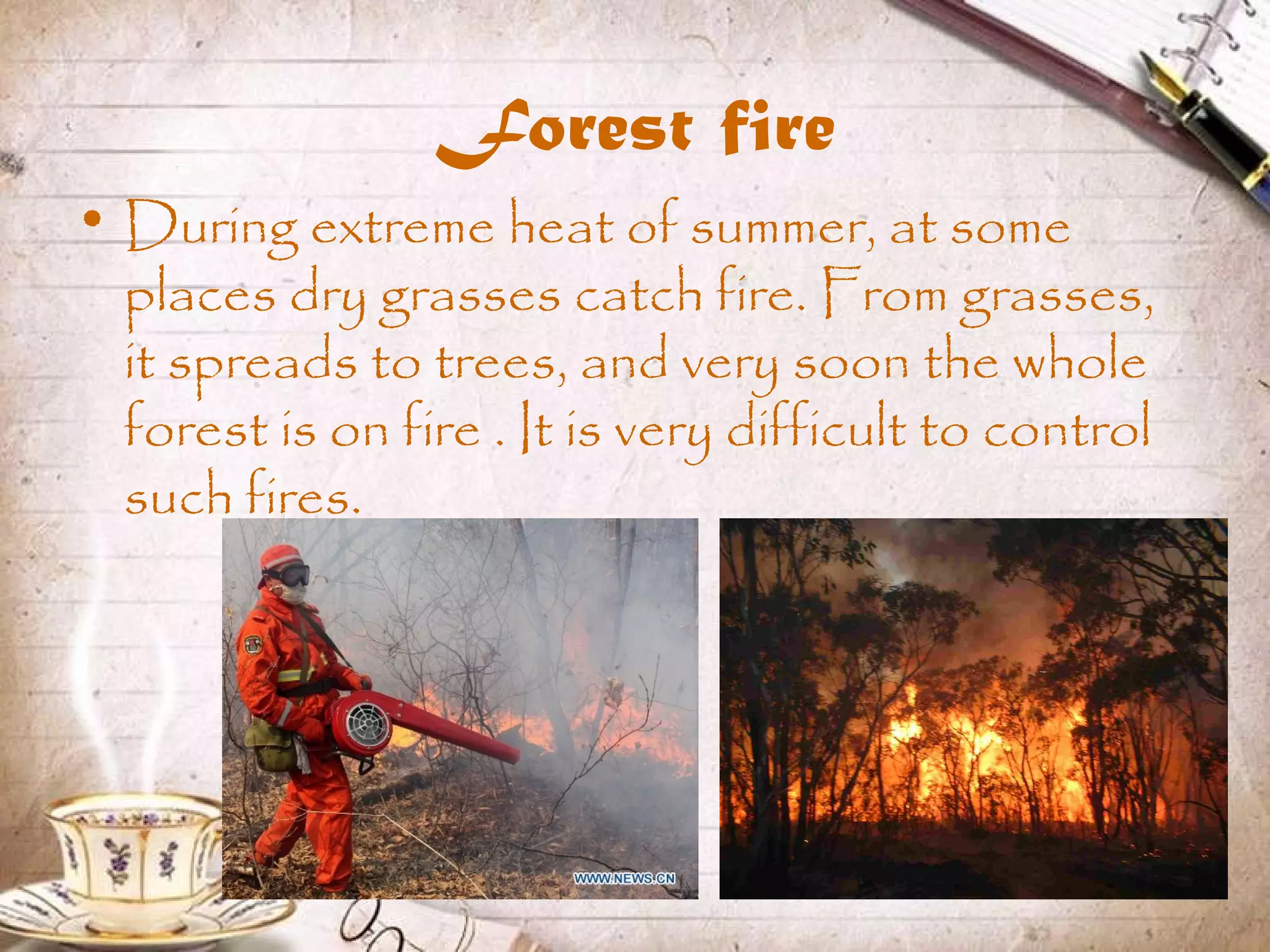 Forest fire
• During extreme heat of summer, at some
places dry grasses catch fire. From grasses,
it spreads to trees, and very soon the whole
forest is on fire . It is very difficult to control
such fires.
 