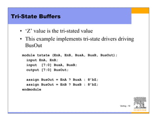 Verilog - 19
Tri-State Buffers
• ‘Z’ value is the tri-stated value
• This example implements tri-state drivers driving
BusOut
module tstate (EnA, EnB, BusA, BusB, BusOut);
input EnA, EnB;
input [7:0] BusA, BusB;
output [7:0] BusOut;
assign BusOut = EnA ? BusA : 8’bZ;
assign BusOut = EnB ? BusB : 8’bZ;
endmodule
 