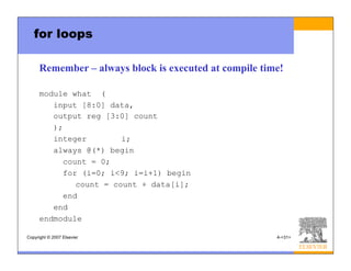 Copyright © 2007 Elsevier 4-<31>
for loops
Remember – always block is executed at compile time!
module what (
input [8:0] data,
output reg [3:0] count
);
integer i;
always @(*) begin
count = 0;
for (i=0; i<9; i=i+1) begin
count = count + data[i];
end
end
endmodule
 