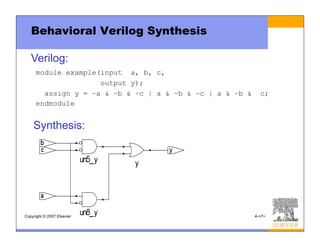 Copyright © 2007 Elsevier 4-<7>
Behavioral Verilog Synthesis
module example(input a, b, c,
output y);
assign y = ~a & ~b & ~c | a & ~b & ~c | a & ~b & c;
endmodule
Synthesis:
Verilog:
 