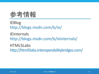 参考情報
IEBlog
http://blogs.msdn.com/b/ie/
IEInternals
http://blogs.msdn.com/b/ieinternals/
HTML5Labs
http://html5labs.interoperabilitybridges.com/
2013/12/16 HTML5 とか勉強会 #43 44
 