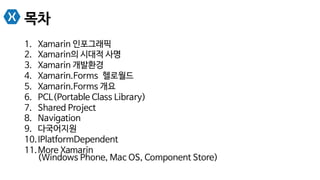 목차
1.  Xamarin 인포그래픽
2.  Xamarin의 시대적 사명
3.  Xamarin 개발환경
4.  Xamarin.Forms  헬로월드
5.  Xamarin.Forms 개요
6.  PCL(Portable Class Library)
7.  Shared Project
8.  Navigation
9.  다국어지원
10. IPlatformDependent
11. More Xamarin
(Windows Phone, Mac OS, Component Store)
 