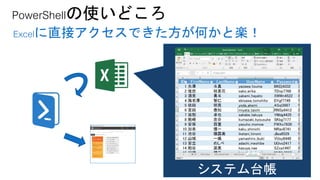 PowerShellの使いどころ
Excelに直接アクセスした方が楽！便利！
https://www.powershellgallery.com/packages/ImportExcel/1.98
 