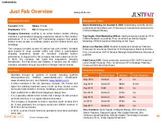 CONFIDENTIAL
ComCap, LLC 30
Just Fab Overview www.justfab.com
Company Overview Management Team
Adam Goldenberg, Co-founder & CEO: Goldenberg currently serves
as Director.at DermStore.com. Previously co-founded and served as Co-
CEO at Intelligent Beauty
Traci Inglis, Chief Marketing Officer: Inglis previously served as VP of
CRM & Research at JustFab. Prior, he served as Director Digital
Marketing, CRM & Customer Marketing at Hot Topic
Anton von Rueden, COO: Rueden founded and served as Feensee.
Previously he served as Chairman of the Supervisory Board at drivindu.
Prior, he served as SVP of General Manager Global Member Services at
jJustFab
Heidi Crane, CFO: Crane previously served as CFO / SVP Finance at
Leiner Health Products. Prior, he served as VP of Strategic Planning /
Finance at 99 Cents Only Stores.
Source: Company data
Founded: 2010 Status: Private
Employees: 470+ HQ: El Segundo, CA
Company Overview: JustFab is an online fashion retailer offering
members a personalized shopping experience based on their fashion
preferences. It is a monthly VIP membership program that grants
fashion lovers access to celebrity stylists and the hottest shoes and
handbags.
The company provides access to fashion tips and content, clickable
style boards to shop curated outfits and offers a personalized
shopping experience based on members' indicated fashion
preferences. In August 2014, the company has been valued as $1.0b.
In 2013, the company has made few acquisitions including
ShoeDazzle, The Fab Shoes and Fabkids. It reaches over 35 million
members worldwide through its portfolio of lifestyle fashion brands.
Key Facts Financing Summary
Date Round Type Amount Post Valuation
May 2015 Venture na na
Aug 2014 Series D $85m $1.0b
Aug 2014 Debt $5m na
Dec 2013 Series C $15m na
Sep 2013 Series C $40m na
Jul 2012 Series B $76m na
Sep 2011 Series A $33m na
Key investors: Guild Capital, Intelligent Beauty, KEC Ventures,
Matrix Partners, Passport Capital, Rho Capital Partners, Rho
Ventures, SevenVentures, Shining Capital, Technology Crossover
Ventures (TCV), Trinity Capital Investment
• Operates through its portfolio of brands including JustFab
(www.justfab.com), FabKids (www.fabkids.com), ShoeDazzle
(www.shoedazzle.com), and Fabletics (www.fabletics.com).
• It offers members in the US, Germany, Canada, UK, France and
Spain the celebrity treatment every month as they receive a new
and customized selection of shoes, handbags, jewelry and denim.
• Each Justfab item is $39.95 and shipping is always free.
• It is a specialty retailer which means that it design its own product
and hold inventory. It’s a capital intensive business.
• The company is expected to build a business worth at least $3-5
bn. It was predicted, the company would earn $500m revenue in
2015 from its four brands.
• In 2014, JustFab’s North American operations have been profitable
every year
 