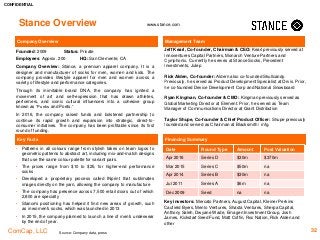 CONFIDENTIAL
ComCap, LLC 32
Stance Overview www.stance.com
Company Overview Management Team
Jeff Kearl, Co-founder, Chairman & CEO: Kearl previously served at
Innoventures Capital Partners, Monarch Venture Partners and
Cymphonix. Currently he serves at Stance Socks, Precedent
Investments, Julep
Rick Alden, Co-founder: Aldern also co-founded Skullcandy.
Previously, he served as Product Development Specialist at Orvis. Prior,
he co-founded Device Development Corp and National Snowboard
Ryan Kingman, Co-founder & CMO: Kingman previously served as
Global Marketing Director at Element. Prior, he served as Team
Manager of Communications Director at Giant Distribution
Taylor Shupe, Co-founder & Chief Product Officer: Shupe previously
founded and served as Chairman at Blacksmith / mfg.
Source: Company data, press
Founded: 2009 Status: Private
Employees: Approx. 200 HQ: San Clemente, CA
Company Overview: Stance, a premium apparel company. It is a
designer and manufacturer of socks for men, women and kids. The
company provides lifestyle apparel for men and women across a
variety of lifestyle and performance categories.
Through its inimitable brand DNA, the company has ignited a
movement of art and self-expression that has drawn athletes,
performers, and iconic cultural influencers into a cohesive group
known as “Punks and Poets.”
In 2016, the company raised funds and bolstered partnership to
continue its rapid growth and expansion into strategic, direct-to-
consumer initiatives. The company has been profitable since its first
round of funding.
Key Facts Financing Summary
Date Round Type Amount Post Valuation
Apr 2016 Series D $30m $370m
Mar 2015 Series C $50m na
Apr 2014 Series B $30m na
Jul 2011 Series A $6m na
Dec 2009 Seed na na
Key investors: Mercato Partners, August Capital, Kleiner Perkins
Caufield Byers, Menlo Ventures, Shasta Ventures, Sherpa Capital,
Anthony Saleh, Dwyane Wade, Emagen Investment Group, Josh
James, Kickstart Seed Fund, Matt Coffin, Roc Nation, Rick Alden and
other
• Patterns in all colours range from stylish takes on team logos to
geometric patterns to abstract art, including mix-and-match designs
that use the same colour palette for variant pairs.
• The prices range from $10 to $25, for higher-end performance
socks
• Developed a proprietary process called INprint that sublimates
images directly on the yarn, allowing the company to manufacture
• The company has presence across 7,500 retail doors out of which
2,800 are specialty
• Stance's positioning has helped it find new areas of growth, such
as in women's socks, which was launched in 2013
• In 2015, the company planned to launch a line of men's underwear
by the end of year.
 