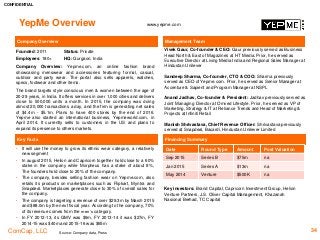 CONFIDENTIAL
ComCap, LLC 34
YepMe Overview www.yepme.com
Company Overview Management Team
Vivek Gaur, Co-founder & CEO: Gaur previously served as Business
Head North & East of Magazines at HT Media. Prior, he served as
Executive Director at Living Media India and Regional Sales Manager at
Hindustan Unilever
Sandeep Sharma, Co-founder, CTO & COO: Sharma previously
served as CEO of Yepme.com. Prior, he served as Senior Manager at
Accenture & Sapient and Program Manager at NSPL
Anand Jadhav, Co-founder & President: Jadhav previously served as
Joint Managing Director at Omved Lifestyle. Prior, he served as VP of
Marketing, Strategy & IT at Reliance Trends and Head of Marketing &
Projects at Infiniti Retail
Manish Shrivastava, Chief Revenue Officer: Shrivastava previously
served at Snapdeal, Bacardi, Hindustan Unilever Limited
Source: Company data, Press
Founded: 2011 Status: Private
Employees: 180+ HQ: Gurgaon, India
Company Overview: Yepme.com, an online fashion brand
showcasing menswear and accessories featuring formal, casual,
outdoor and party wear. The portal also sells apparels, watches,
specs, footwear and other items.
The brand targets style conscious men & women between the age of
20-29 years, in India. It offers services in over 1,000 cities and delivers
close to 500,000 units a month. In 2015, the company was doing
almost 20,000 transactions a day, and the firm is generating net sales
of $4.4m - $5.1m. Plans to have 400 stores by the end of 2016.
Yepme also started an international business, Yepmeworld.com, in
April 2014. It currently sells to customers in the US and plans to
expand its presence to others markets.
Key Facts Financing Summary
Date Round Type Amount Post Valuation
Sep 2015 Series B $75m na
Jan 2015 Series A $13m na
May 2014 Venture $500K na
Key investors: Brand Capital, Capricorn Investment Group, Helion
Venture Partners, J.S. Oliver Capital Management, Khazanah
Nasional Berhad, TC Capital
• It will use the money to grow its ethnic wear category, a relatively
new segment
• In august 2015, Helion and Capricorn together hold close to a 60%
stake in the company while Morpheus has a stake of about 8%,
The founders hold close to 20% of the company.
• The company, besides selling fashion wear on Yepme.com, also
retails its products on marketplaces such as Flipkart, Myntra and
Snapdeal. Marketplaces generate close to 30% of overall sales for
the company.
• The company is targeting a revenue of over $29.3m by March 2015
and $88.0m by the next fiscal year. According to the company, 70%
of its revenue comes from the men’s category.
• In FY 2012-13, its GMV was $9m, FY 2013-14 it was $27m, FY
2014-15 was $40m and 2015-16 was $65m
 