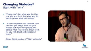 18
Changing Diabetes®
Start with “why”
• “People don't buy what you do; they
buy why you do it. And what you do
simply proves what you believe.”
• “If you hire people just because they
can do a job, they’ll work for your
money. But if you hire people who
believe what you believe, they’ll work
for you with blood and sweat and
tears.”
Simon Sinek, Author of “Start with why”
18
 