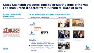 34
Public-private partnerships
Global fight
against urban
diabetes
Urban diabetes is
on the rise
Cities Changing Diabetes is our response
Activities
• Map the diabetes challenge in
selected big cities across the world
• Share learning and best practices
on how to break the Rule of Halves
• Implement action plans with local
partners
México City
28 March 2014
Copenhagen
22 August 2014
City partners
Houston
3 November 2014
Tianjin
13 November 2014
Shanghai
14 November 2014
Cities Changing Diabetes aims to break the Rule of Halves
and stop urban diabetes from ruining millions of lives
 