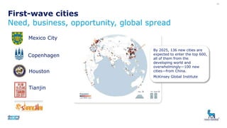 First-wave cities
Need, business, opportunity, global spread
35
By 2025, 136 new cities are
expected to enter the top 600,
all of them from the
developing world and
overwhelmingly—100 new
cities—from China.
McKinsey Global Institute
Mexico City
Houston
Copenhagen
Tianjin
 
