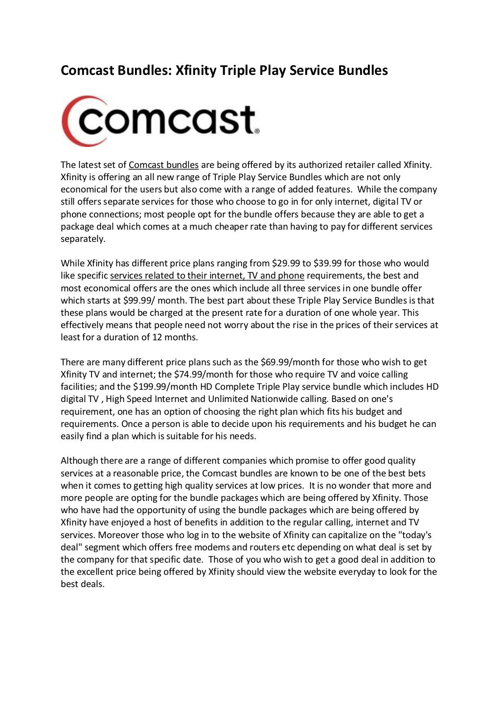 Comcast bundles xfinity triple play service bundles
