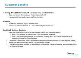 Customer Benefits


$$ Savings & Cost Effectiveness with converged voice and data services
     • Data and voice is delivered over the same access facility
     • Use bandwidth as needed, voice traffic is prioritized

Scalability
     • Size trunks according to your business need
     • no need to order 23 channels at a time, add one by one as needed

Reliability & Business Continuity
     • Data and voice traffic is carried on the Comcast owned and managed network
            – Both Comcast local facilities and the Comcast national backbone
            – With Comcast as your provider, you don’t have to worry about your critical communications
               traveling on leased or public facilities
     • Destination Unreachable service is included to ensure business continuity – in case of power outage,
          your phone will automatically reroute to a pre-defined number
     • Comcast continues to invest in its network both locally and at the backbone level, with increased focus
          on business services
 