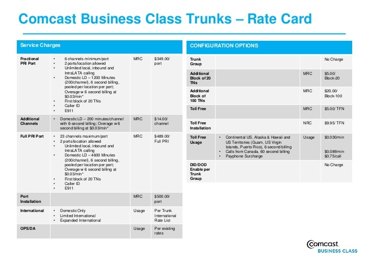 comcast business class trunks pri customer presentation 0911 2 comcast rate sheet