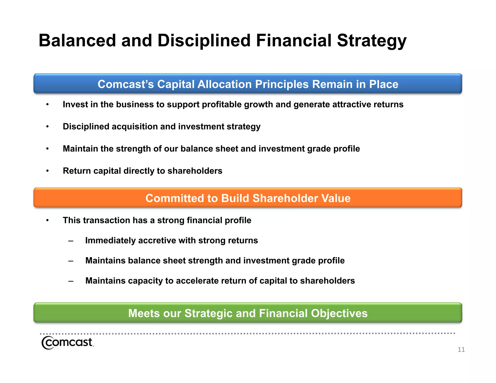Balanced and Disciplined Financial Strategy

            Comcast’s Capital Allocation Principles Remain in Place
•   Invest in the business to support profitable growth and generate attractive returns

•   Disciplined acquisition and investment strategy

•   Maintain the strength of our balance sheet and investment grade profile

•   Return capital directly to shareholders


                        Committed to Build Shareholder Value
•   This transaction has a strong financial profile

     –   Immediately accretive with strong returns

     –   Maintains balance sheet strength and investment grade profile
                                      g                  g     p

     –   Maintains capacity to accelerate return of capital to shareholders


                    Meets our Strategic and Financial Objectives


                                                                                          11
 