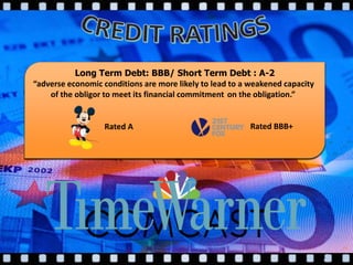 Due to a high Equity Multiplier and an agressive growth stock type !
Same rating as Liberty Global and Time Warner Cable
Long Term Debt : A- / Short Term Debt : A-2
“the obligor's capacity to meet its financial commitment on the
obligation is still strong”
Rated BB- Rated BBB
Due to a good beta of 1.2, a high P/E and a strong capital structure
Long Term Debt: BBB/ Short Term Debt : A-2
“adverse economic conditions are more likely to lead to a weakened capacity
of the obligor to meet its financial commitment on the obligation.”
Rated A Rated BBB+
 