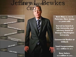 Born May 25, 1952 in
Paterson, New Jersey
(63 years old)
Served as board at
Yale University and
advisory board at
Georges Washington
University.
Commercial Banker at
CitiBank
Total Compensation:
$32.5 million in 2013
Base Salary:
$2.0 million in 20131991
1995
2002
2005
2007
2008
2009
today
 