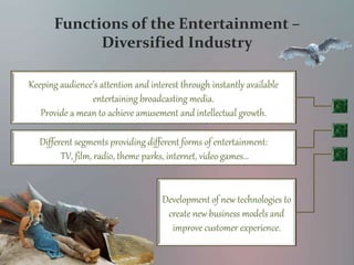 Functions of the Entertainment –
Diversified Industry
Keeping audience’s attention and interest through instantly available
entertaining broadcasting media.
Provide a mean to achieve amusement and intellectual growth.
Different segments providing different forms of entertainment:
TV, film, radio, theme parks, internet, video games…
Development of new technologies to
create new business models and
improve customer experience.
 