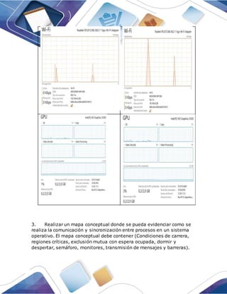 3. Realizar un mapa conceptual donde se pueda evidenciar como se
realiza la comunicación y sincronización entre procesos en un sistema
operativo. El mapa conceptual debe contener (Condiciones de carrera,
regiones críticas, exclusión mutua con espera ocupada, dormir y
despertar, semáforo, monitores, transmisión de mensajes y barreras).
 