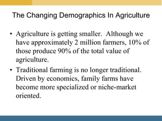 The Changing Demographics In Agriculture

• Agriculture is getting smaller. Although we
  have approximately 2 million farmers, 10% of
  those produce 90% of the total value of
  agriculture.
• Traditional farming is no longer traditional.
  Driven by economics, family farms have
  become more specialized or niche-market
  oriented.
 