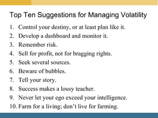 Top Ten Suggestions for Managing Volatility
1. Control your destiny, or at least plan like it.
2. Develop a dashboard and monitor it.
3. Remember risk.
4. Sell for profit, not for bragging rights.
5. Seek several sources.
6. Beware of bubbles.
7. Tell your story.
8. Success makes a lousy teacher.
9. Never let your ego exceed your intelligence.
10. Farm for a living; don’t live for farming.
 