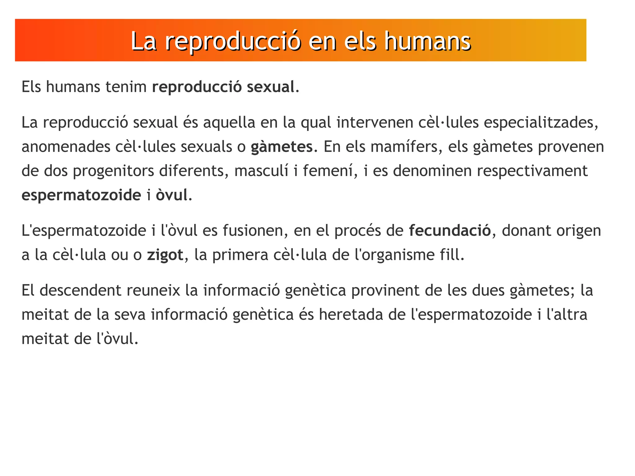 La reproducció en els humansLa reproducció en els humans
Els humans tenim reproducció sexual.
La reproducció sexual és aquella en la qual intervenen cèl·lules especialitzades,
anomenades cèl·lules sexuals o gàmetes. En els mamífers, els gàmetes provenen
de dos progenitors diferents, masculí i femení, i es denominen respectivament
espermatozoide i òvul.
L'espermatozoide i l'òvul es fusionen, en el procés de fecundació, donant origen
a la cèl·lula ou o zigot, la primera cèl·lula de l'organisme fill.
El descendent reuneix la informació genètica provinent de les dues gàmetes; la
meitat de la seva informació genètica és heretada de l'espermatozoide i l'altra
meitat de l'òvul.
 