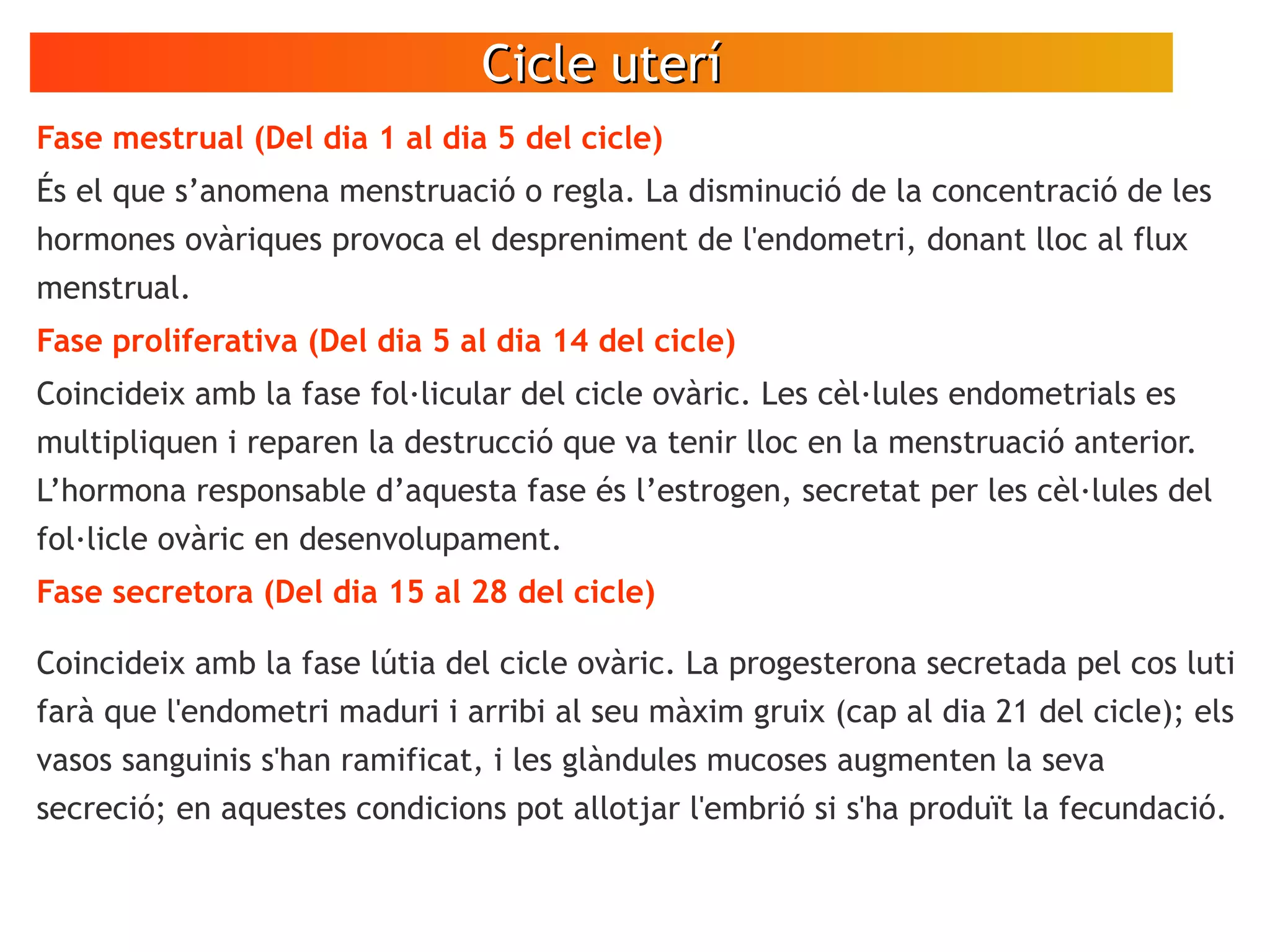 Cicle uteríCicle uterí
VÍDEO
Espermatozoides
en moviment
Fase mestrual (Del dia 1 al dia 5 del cicle)
És el que s’anomena menstruació o regla. La disminució de la concentració de les
hormones ovàriques provoca el despreniment de l'endometri, donant lloc al flux
menstrual.
Fase proliferativa (Del dia 5 al dia 14 del cicle)
Coincideix amb la fase fol·licular del cicle ovàric. Les cèl·lules endometrials es
multipliquen i reparen la destrucció que va tenir lloc en la menstruació anterior.
L’hormona responsable d’aquesta fase és l’estrogen, secretat per les cèl·lules del
fol·licle ovàric en desenvolupament.
Fase secretora (Del dia 15 al 28 del cicle)
Coincideix amb la fase lútia del cicle ovàric. La progesterona secretada pel cos luti
farà que l'endometri maduri i arribi al seu màxim gruix (cap al dia 21 del cicle); els
vasos sanguinis s'han ramificat, i les glàndules mucoses augmenten la seva
secreció; en aquestes condicions pot allotjar l'embrió si s'ha produït la fecundació.
 
