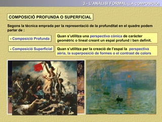 3.- L’ANÀLISI FORMAL (EL COLOR)
- Hi ha predomini dels colors freds (blaus i verds),
- La gama cromàtica és harmònica (suau transició cromàtica)
- Hi ha predomini dels colors freds (blaus i verds), o dels càlids (grocs, vermells,
taronges),
- La gama cromàtica és harmònica (suau transició cromàtica) o contrastada (violents
contrastos cromàtics).
- Hi ha predomini dels colors freds (blaus i verds), o dels càlids (grocs, vermells,
taronges), o be, presenta una combinació d'ambdós.
 
