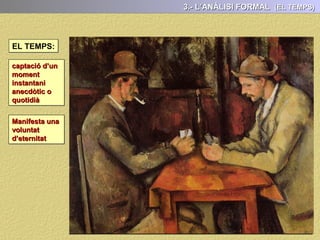 COMPOSICIÓ SIMÈTRICA O ASIMÈTRICA
3.- L’ANÀLISI FORMAL (LA COMPOSICIÓ)
Composicions Simètriques
Hi ha una distribució equilibrada dels elements
representats en les dues meitats de la superfície.
Les pintures transmeten sensació d’equilibri, ordre, solemnitat, estabilitat...
 