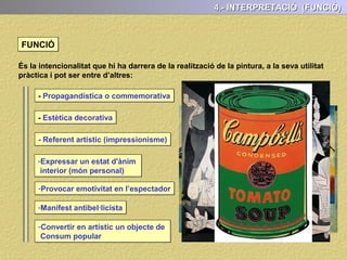 3.- L’ANÀLISI FORMAL (LA COMPOSICIÓ)
Segons la tècnica emprada per la representació de la profunditat en el quadre podem
parlar de :
- Composició Profunda
Quan s’utilitza una perspectiva cònica de caràcter
geomètric o lineal creant un espai profund i ben definit.
- Composició Superficial Quan s’utilitza per la creació de l’espai la perspectiva
aèria, la superposició de formes o el contrast de colors
COMPOSICIÓ PROFUNDA O SUPERFICIAL
 