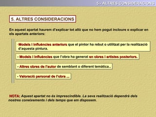 3.- L’ANÀLISI FORMAL (EL RITME)
B) Dinamisme: Quan la pintura transmet o expressa a l’espectador una
sensació de moviment, de dinamisme. ( El qual és pot presentar en diferents
graus: molt, poc, mesurat, contingut o extrem ( sensació de velocitat)
A) Estatisme o Equilibri: Quan la pintura transmet o expressa a l’espectador
una sensació d’equilibri, repòs o calma. (quasi absència de moviment)
C) Ritme creixent o ascendent. Això es produeix quan l’espectador en
recórrer el quadre amb la mirada, rep una sensació cada cop més intensa.
EL RITME
Per aconseguir aquest tipus ritme els pintors utilitzen diferents recursos.
Segons com es disposin les formes, figures o els elements plàstics (color, pinzellada,
línies, llum,..) en l’espai pictòric, cada obra pictòrica presenta un ritme determinat,
És a dir, transmet una sensació de quietud, calma, equilibri, moviment, tensió o
dinamisme...
Una pintura pot presentar:
 