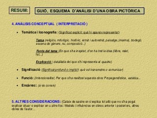 RESUM: GUIÓ, ESQUEMA D’ANÀLISI D’UNA OBRA PICTÒRICA
4. ANÀLISIS CONCEPTUAL ( INTERPRETACIÓ )
 Temàtica i Iconografia: (Significat explicit: qué hi apareix representat)
Tema (religiós, mitològic, històric, retrat i autoretrat, paisatge,(marina), bodegó,
escena de gènere, nu, composició...)
Fonts del tema (En que s’ha inspirat, d’on ha tret la idea (llibre, relat,
fet...)
Explicació ( detallada del que s’hi representa al quadre)
 Significació (Significat profund o implícit: què vol transmetre o comunicar)
 Funció: (Intencionalitat, Per que s’ha realitzat aquesta obra: Propagandística, estètica...
 Encàrrec: (si és coneix)
5. ALTRES CONSIDERACIONS: (Calaix de sastre on s’explica tot allò que no s’ha pogut
explicar situar o explicar en u altre lloc: Models i influències en obres anterior i posteriors, altres
obres de l’autor...
 