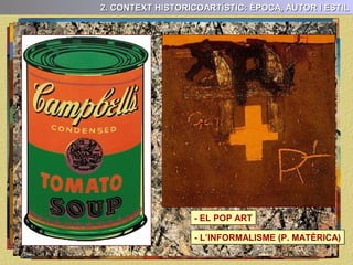 2. CONTEXT HISTORICOARTÍSTIC: ÈPOCA, AUTOR I ESTIL
ÈPOCA:
S’ha de fer una referència general a l’època o moment històric en el qual es realitza
l’obra, enumerant els fets històrics i culturals més rellevants i destacant si és el
cas, aquells fets o corrents culturals que puguin incidir directament en la realització
de la pintura objecte d’anàlisi.
AUTOR:
Picasso (1881 – 1973)
També cal fer una petita ressenya sobre l’autor, els moments més significatius de la
seva biografia i la seva trajectòria pictòrica, fent especial esment del moment de la
seva carrera en que en que realitzà l’obra.
2.- CONTEXT HISTÒRIC: ÈPOCA, AUTOR, ESTIL
 